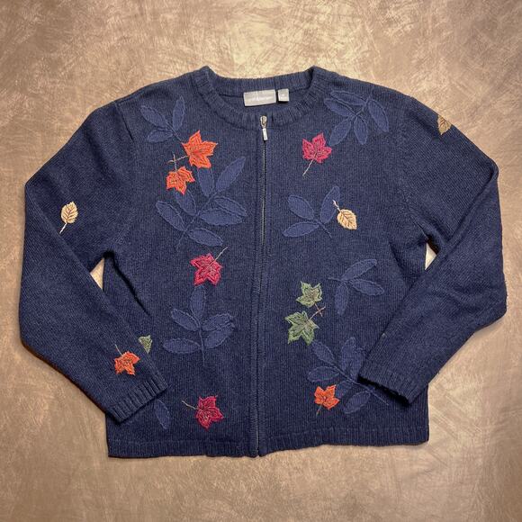 Vintage Y2K Croft & Barrow Embroidered Fall Leaves Zip Up Sweater Blue Autumn - Picture 1 of 7